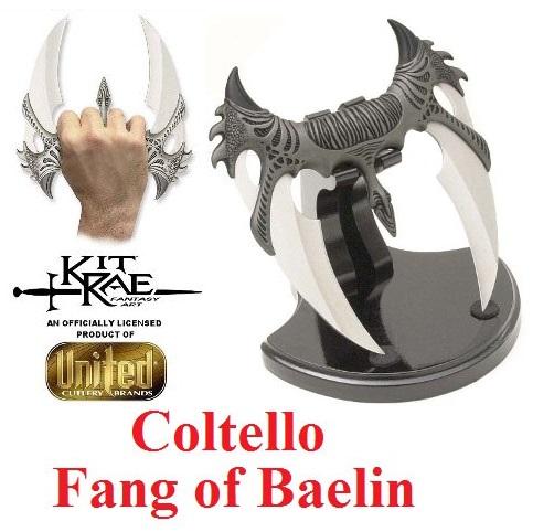 Coltello fang of  baelin pugnale fantasy a due lame con espositore da tavolo marca united.